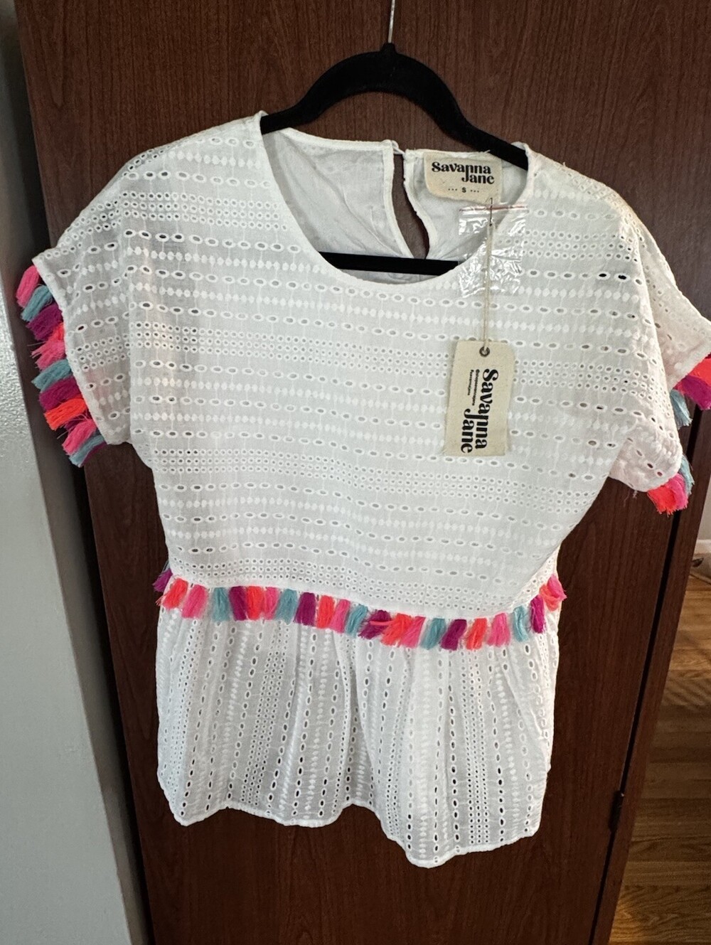 Savanna Jane Boho Western Eyelet Tassel Peplum Top White NWT Women’s S